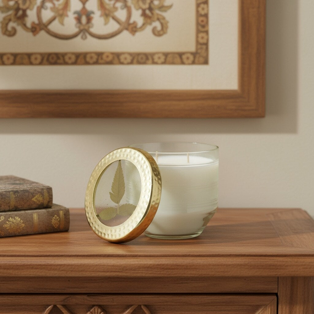 4 White Currant Scented Two Wick Candle In Clear And Gold Glass Holder