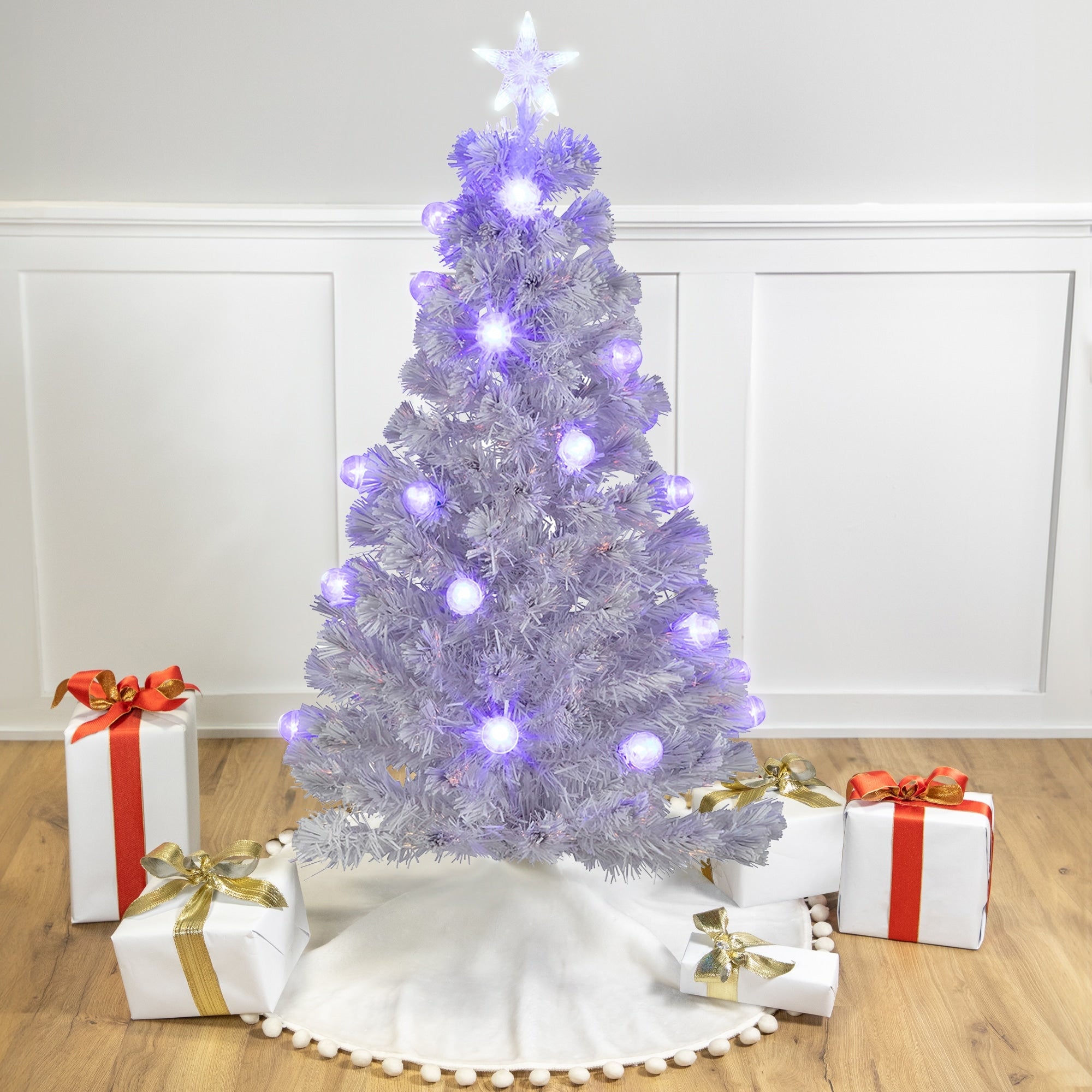 4 Pre Lit Medium White Iridescent Fiber Optic Artificial Christmas Tree Blue Led Lights 4 Foot