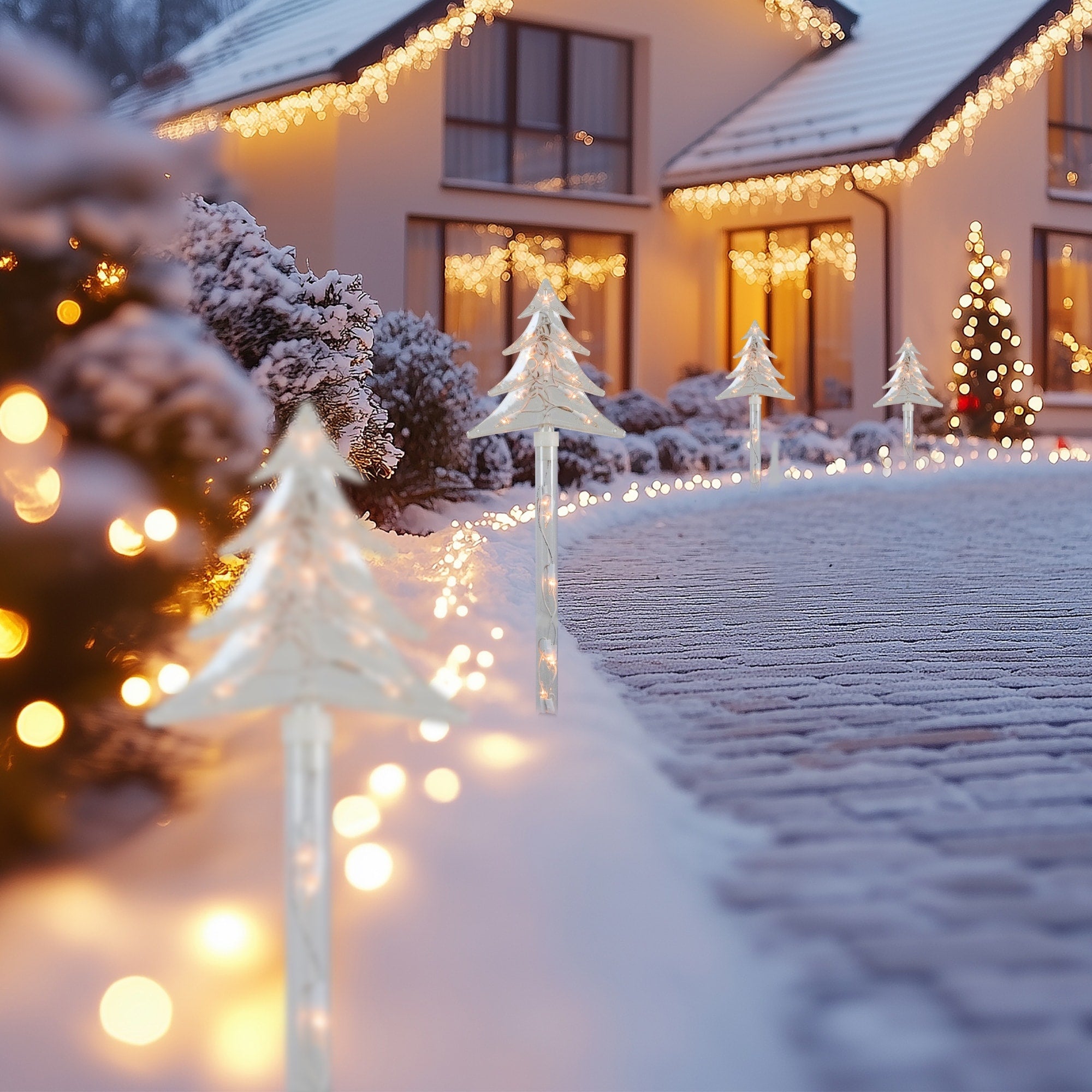Set Of 4 Lighted Christmas Tree Pathway Marker Lawn Stakes Clear Lights N A