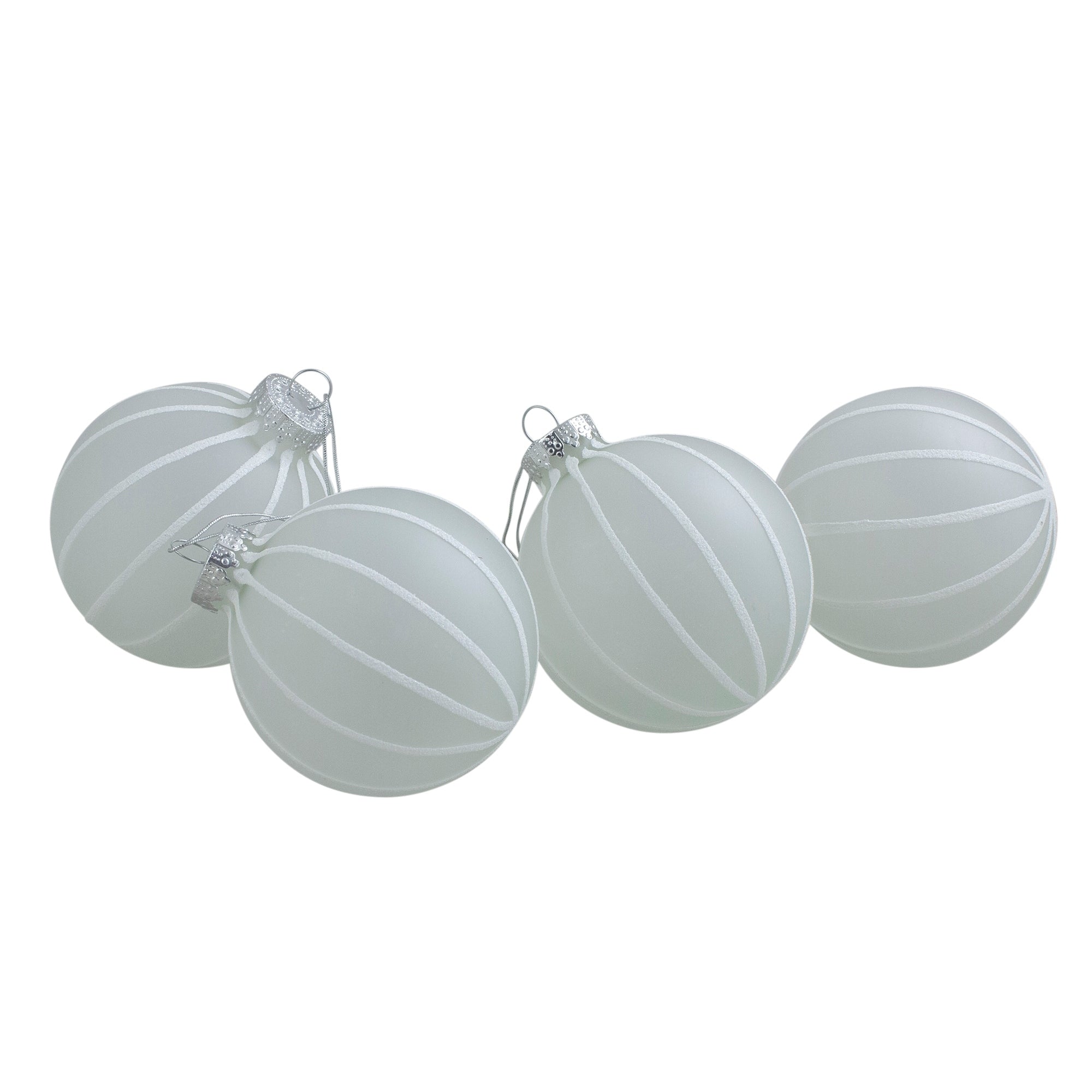 4Ct Clear Frosted With White Glitter Stripes Matte Glass Ball Christmas Ornament Set 3.5 90Mm N A
