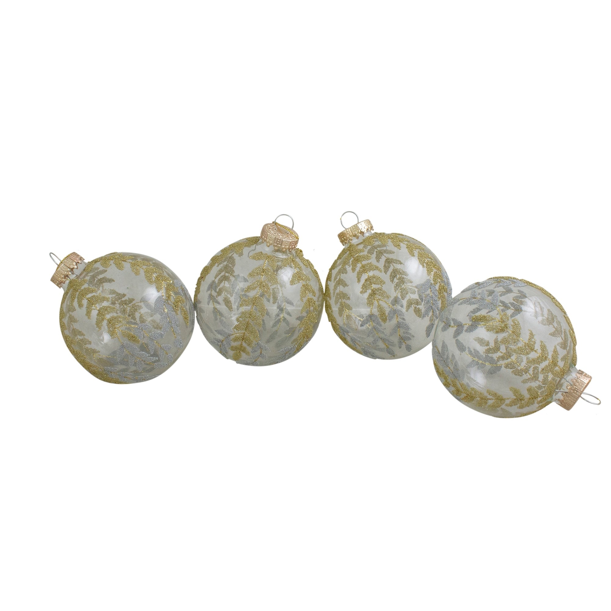 4Ct Clear Glass With Gold And Silver Glitter Leaves Christmas Ornament Ball Set 3.25 80Mm N A