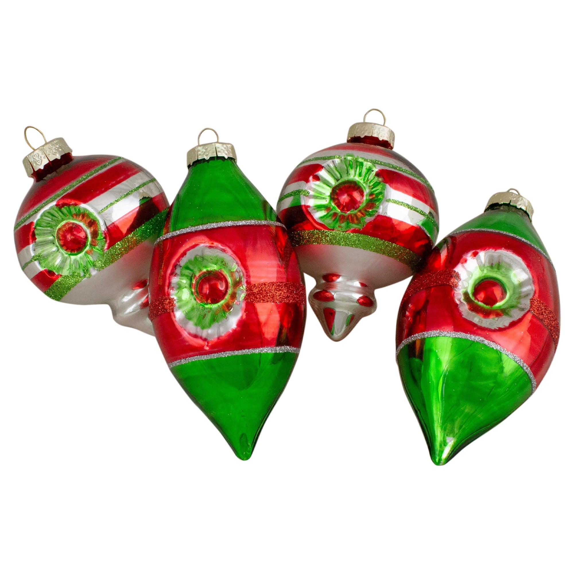 4Ct Red Green Silver Vintage Glass Christmas Ornaments 3.25 Inch
