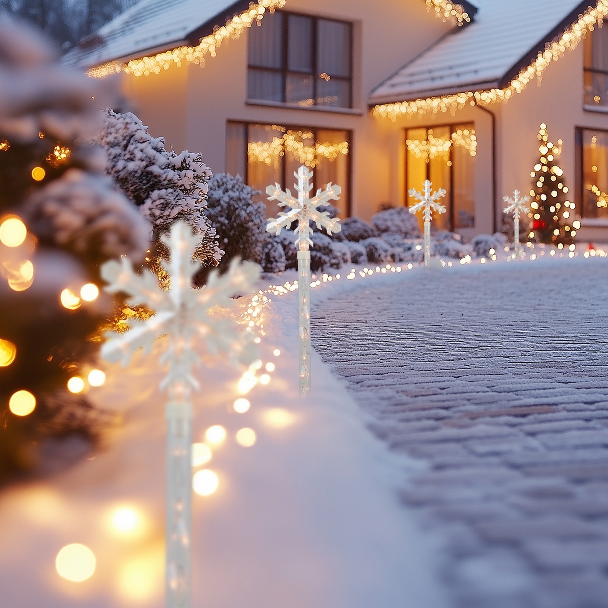 Set Of 4 Lighted Snowflake Christmas Pathway Marker Lawn Stakes Clear Lights N A