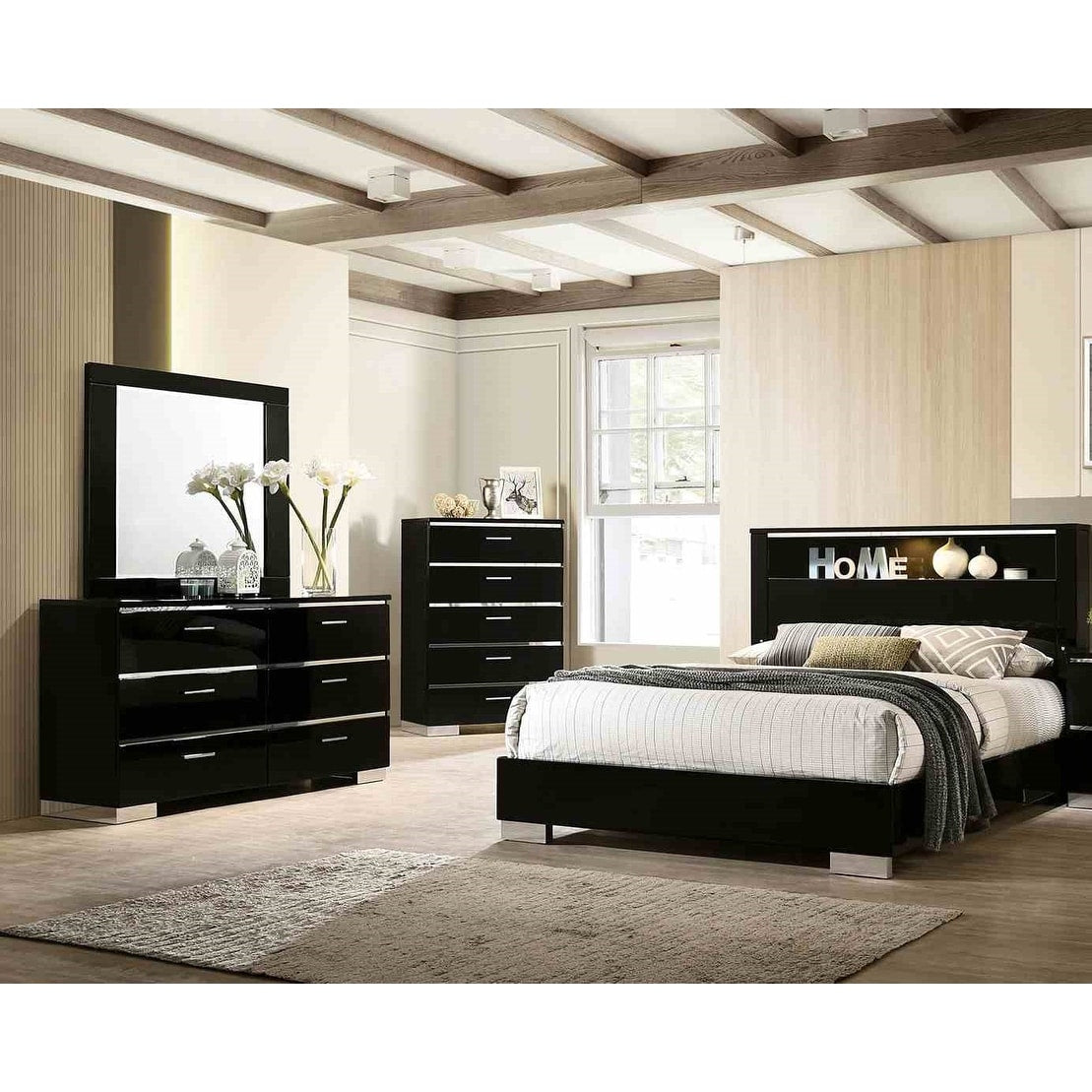 4Pc Black Finish Bed Chest Dresser Mirror Solid Wood Bedroom Set