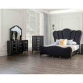 4Pc Black Glam Upholstered Bed Chest Dresser Mirror Bedroom Set