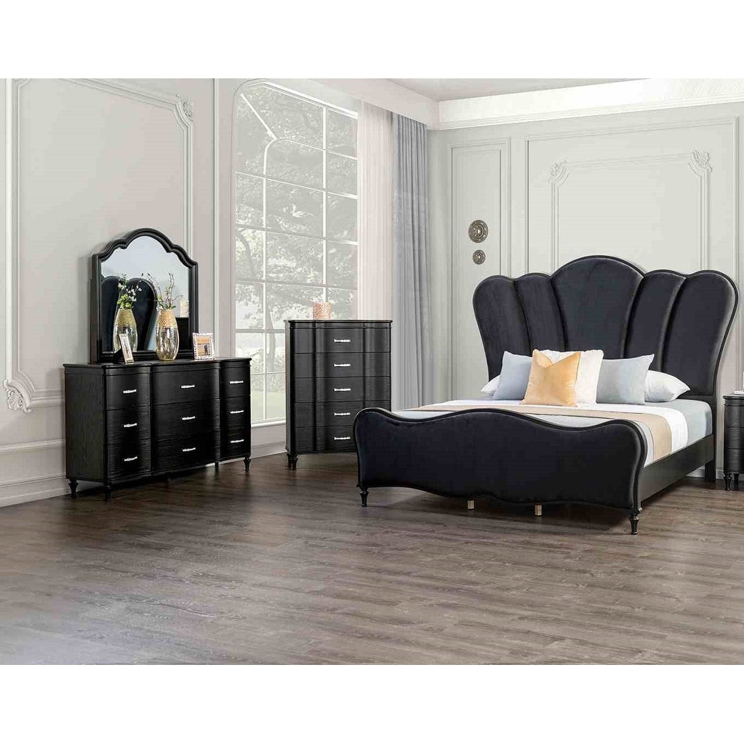 4Pc Black Glam Upholstered Bed Chest Dresser Mirror Bedroom Set