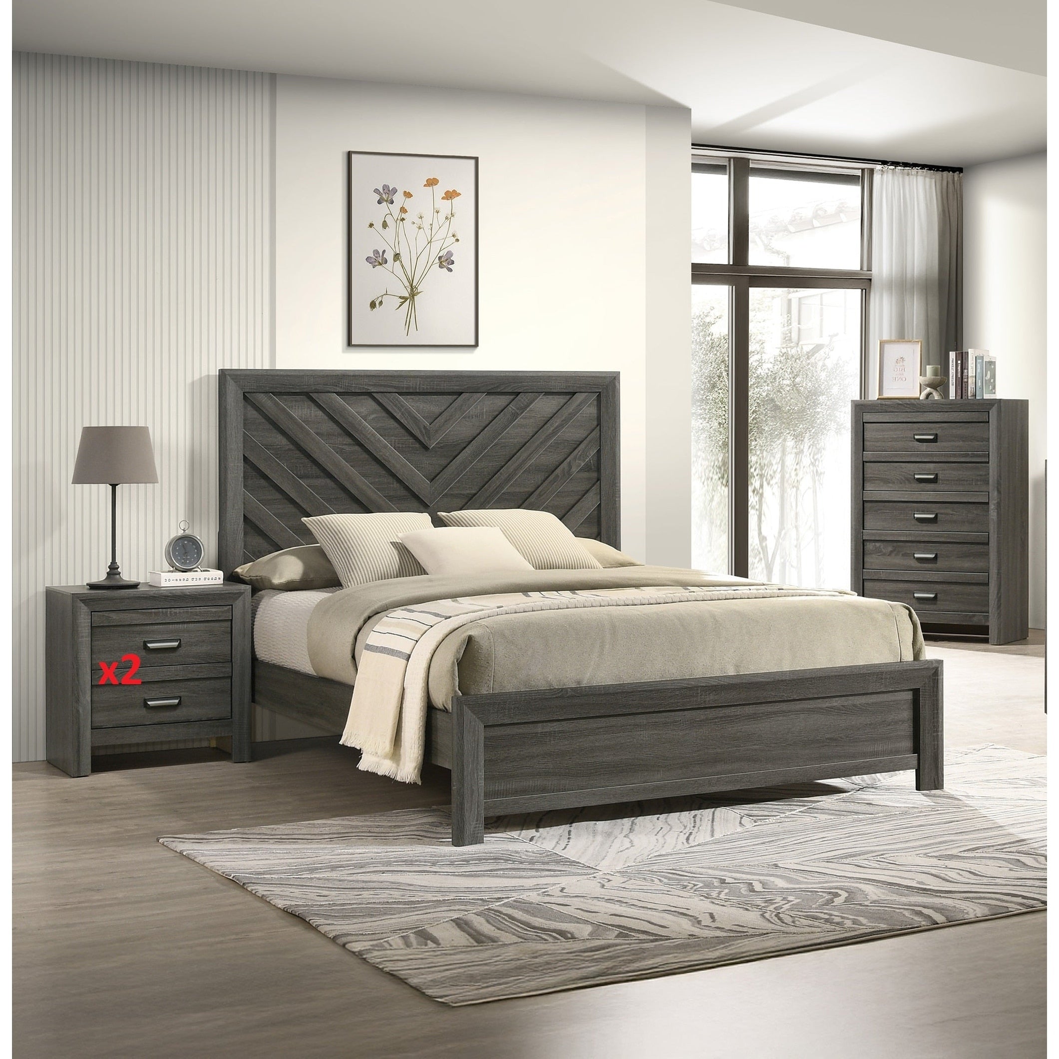 4Pc Contemporary Chevron Patterned Headboard Panel Bed Chest 2X Nightstand Set Gray Finish