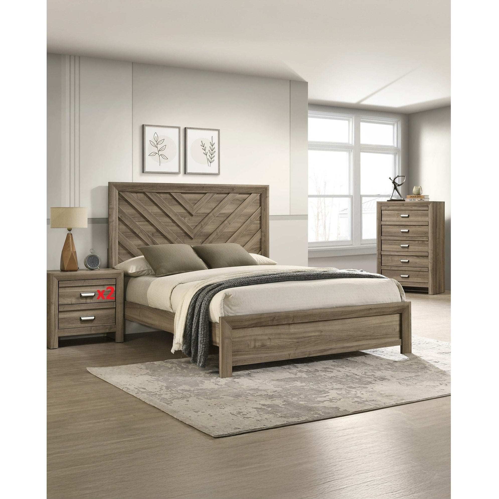 4Pc Contemporary Chevron Patterned Headboard Panel Bed Chest 2X Nightstand Set Light Brown Finish
