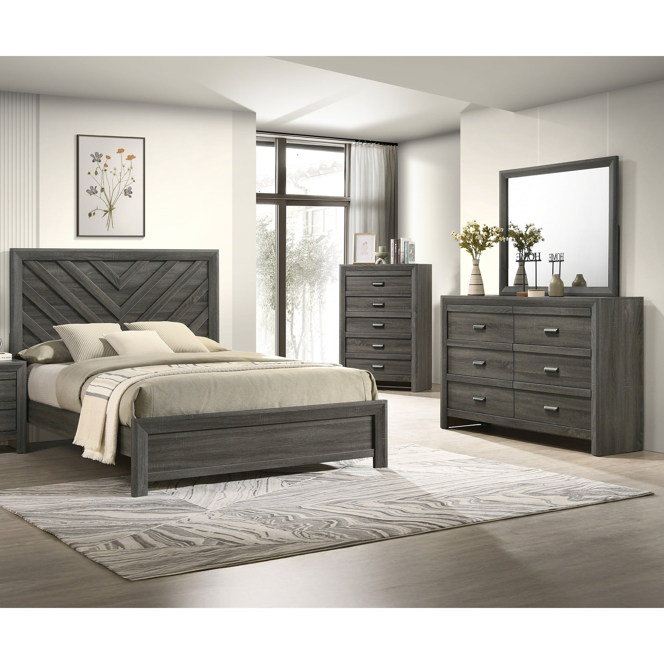 4Pc Contemporary Chevron Patterned Headboard Panel Bed Dresser Mirror Chest Set Gray Finish