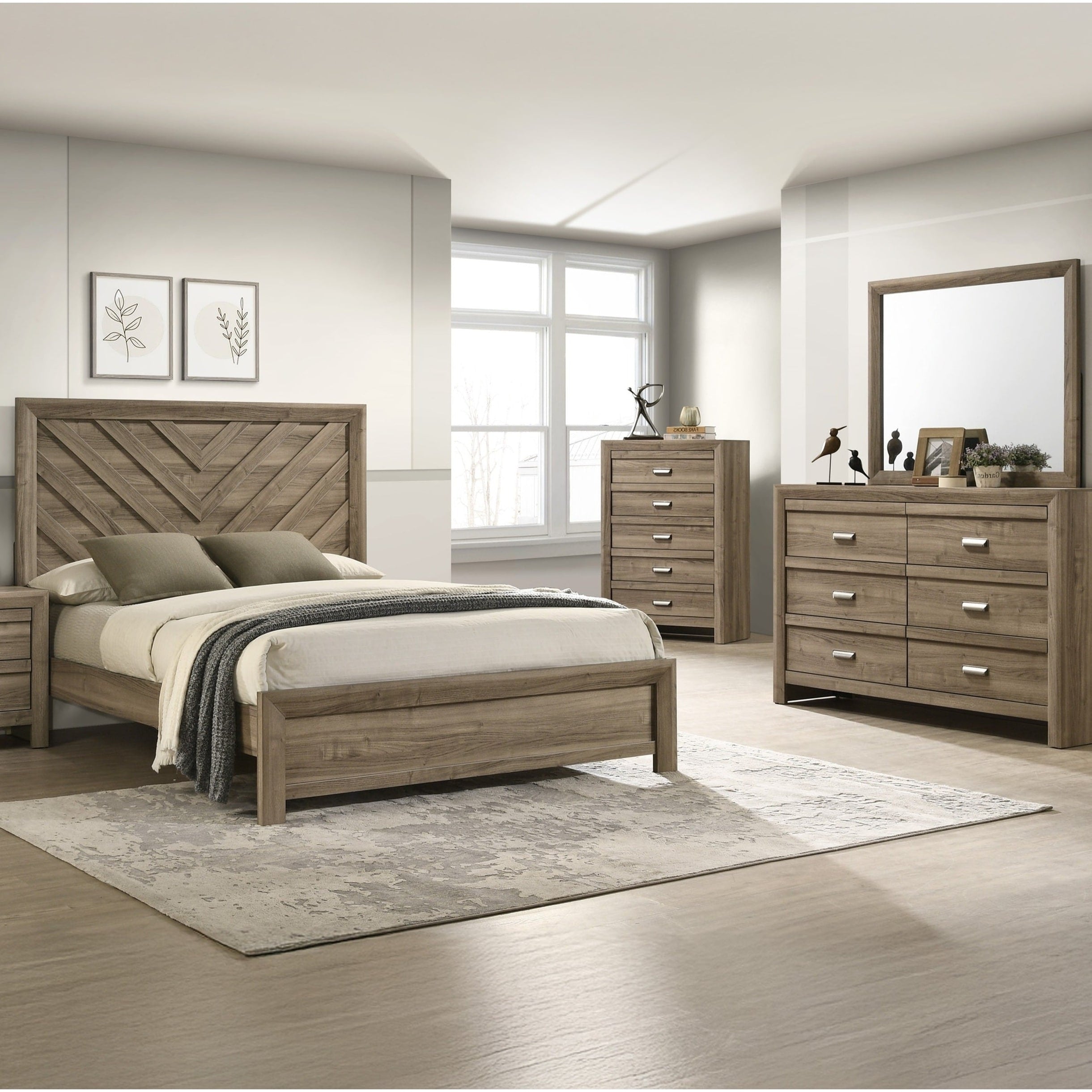 4Pc Contemporary Chevron Patterned Headboard Panel Bed Dresser Mirror Chest Set Light Brown Finish