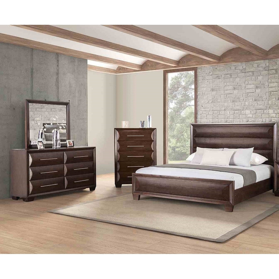4Pc Espresso Finish Bed Dresser Mirror Chest Bedroom Set