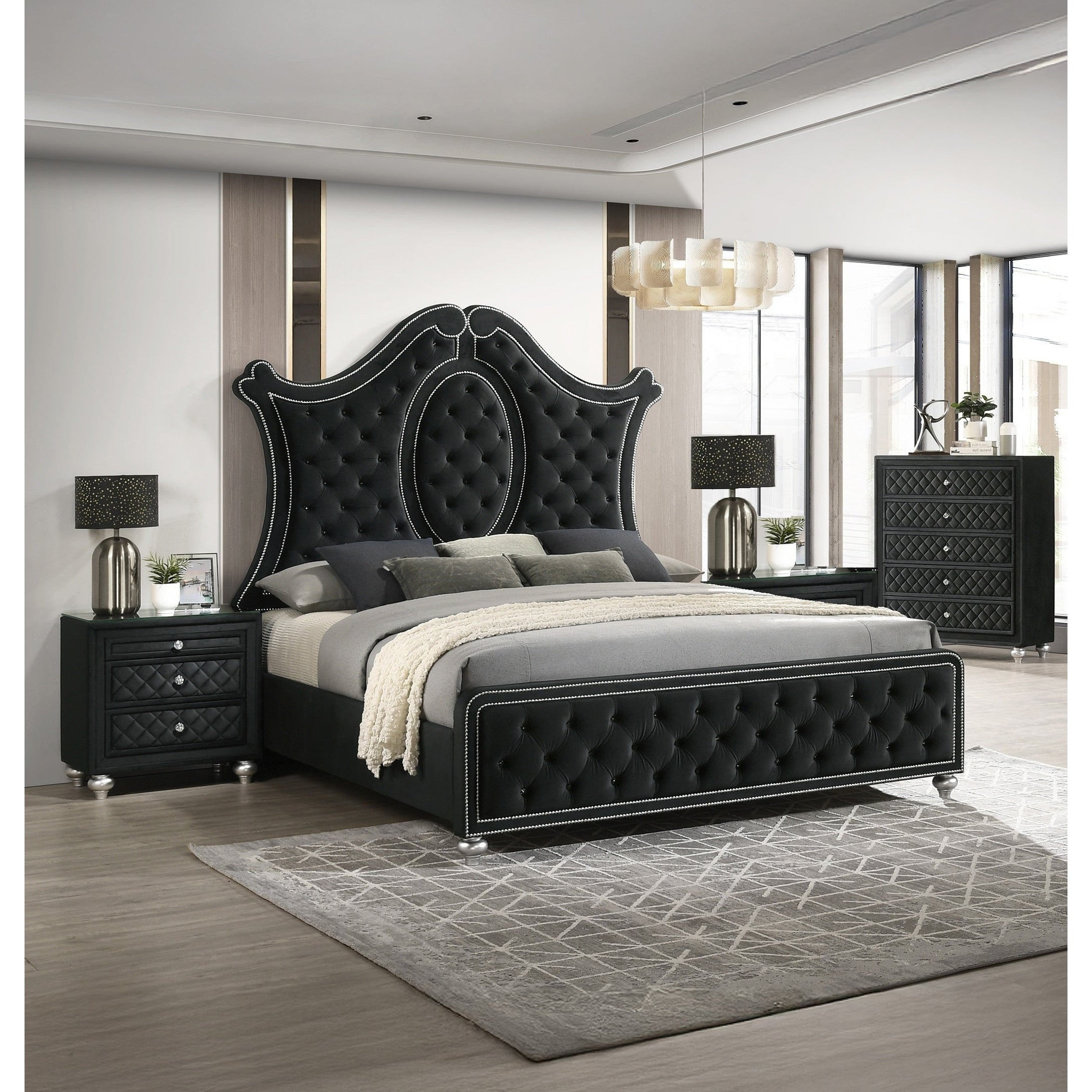 4Pc Glam Black Tufted Headboard Luxurious Upholstery Diamond Patterned Panel Bed Chest 2X Nightstand Set