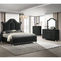 4Pc Glam Black Tufted Headboard Luxurious Upholstery Diamond Patterned Panel Bed Dresser Mirror Chest Set