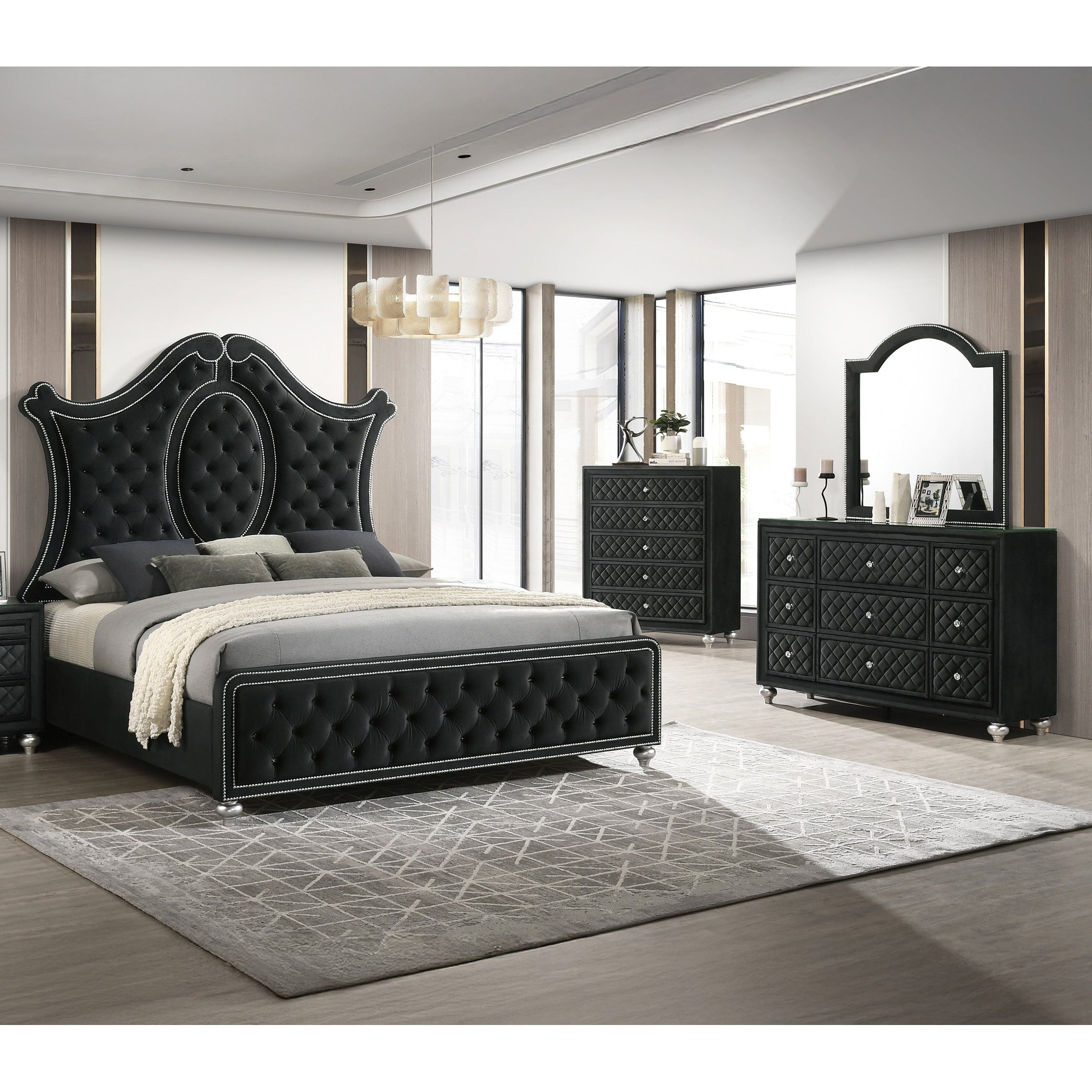4Pc Glam Black Tufted Headboard Luxurious Upholstery Diamond Patterned Panel Bed Dresser Mirror Chest Set