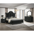 4Pc Glam Black Tufted Headboard Luxurious Upholstery Diamond Patterned Panel Bed Dresser Mirror Nightstand Set