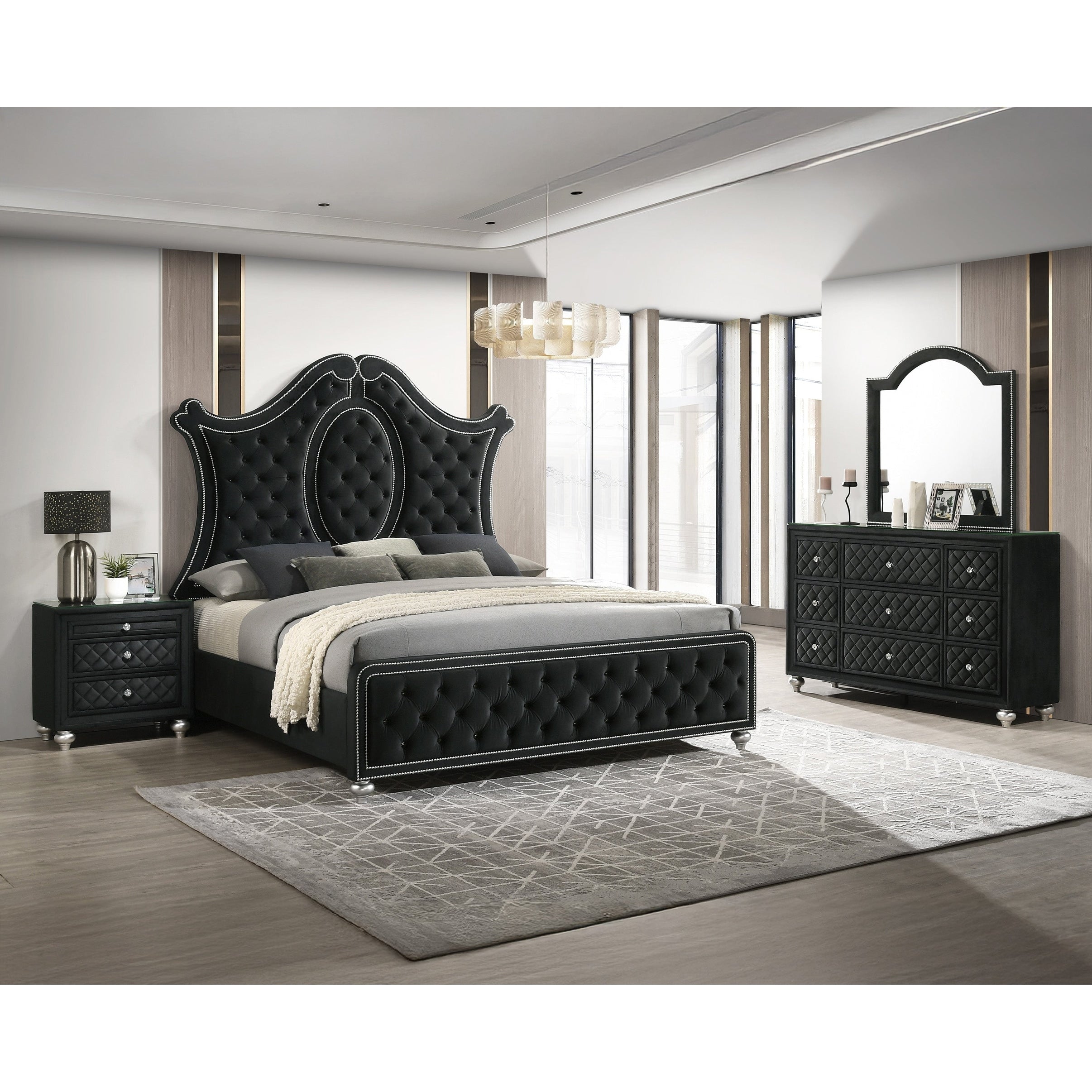 4Pc Glam Black Tufted Headboard Luxurious Upholstery Diamond Patterned Panel Bed Dresser Mirror Nightstand Set