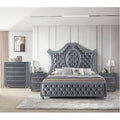 4Pc Glam Gray Tufted Headboard Luxurious Upholstery Diamond Patterned Panel Bed Chest 2X Nightstand Set