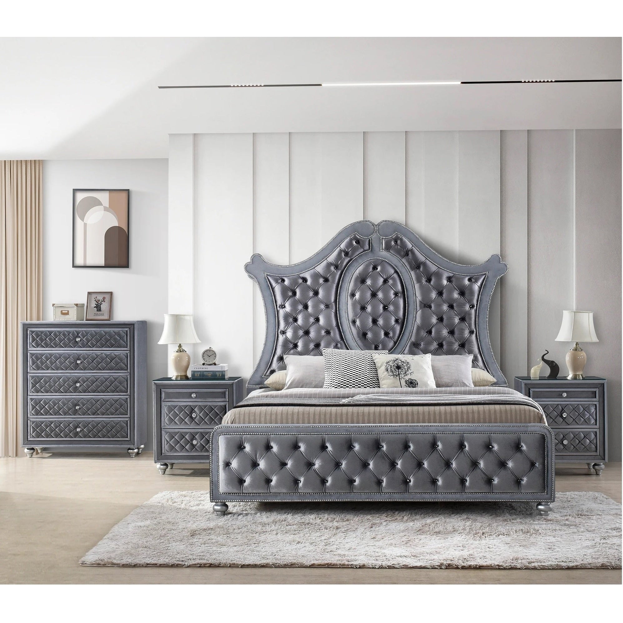 4Pc Glam Gray Tufted Headboard Luxurious Upholstery Diamond Patterned Panel Bed Chest 2X Nightstand Set