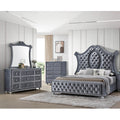 4Pc Glam Gray Tufted Headboard Luxurious Upholstery Diamond Patterned Panel Bed Dresser Mirror Chest Set