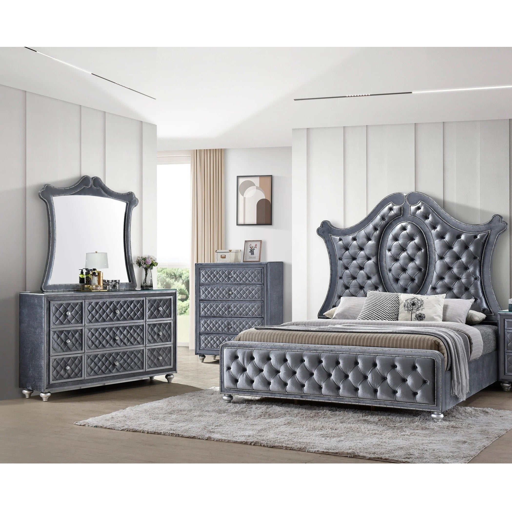 4Pc Glam Gray Tufted Headboard Luxurious Upholstery Diamond Patterned Panel Bed Dresser Mirror Chest Set