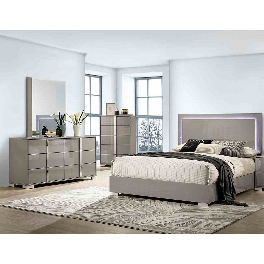 4Pc Led Bed Dresser Mirror Chest Bedroom Set Taupe Finish