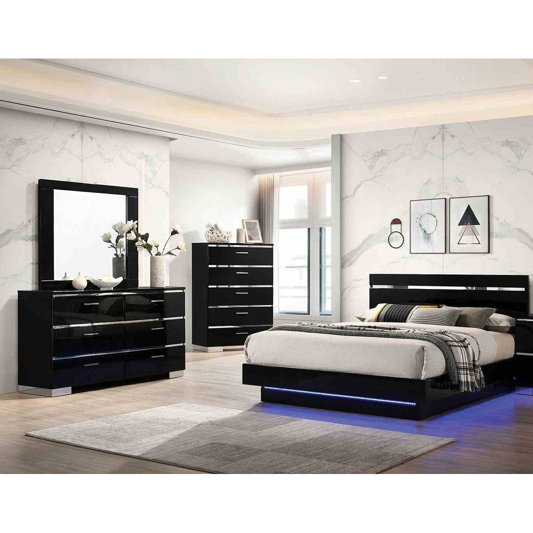 4Pc Luxurious Black Finish Solid Wood Led Bedroom Furniture Set