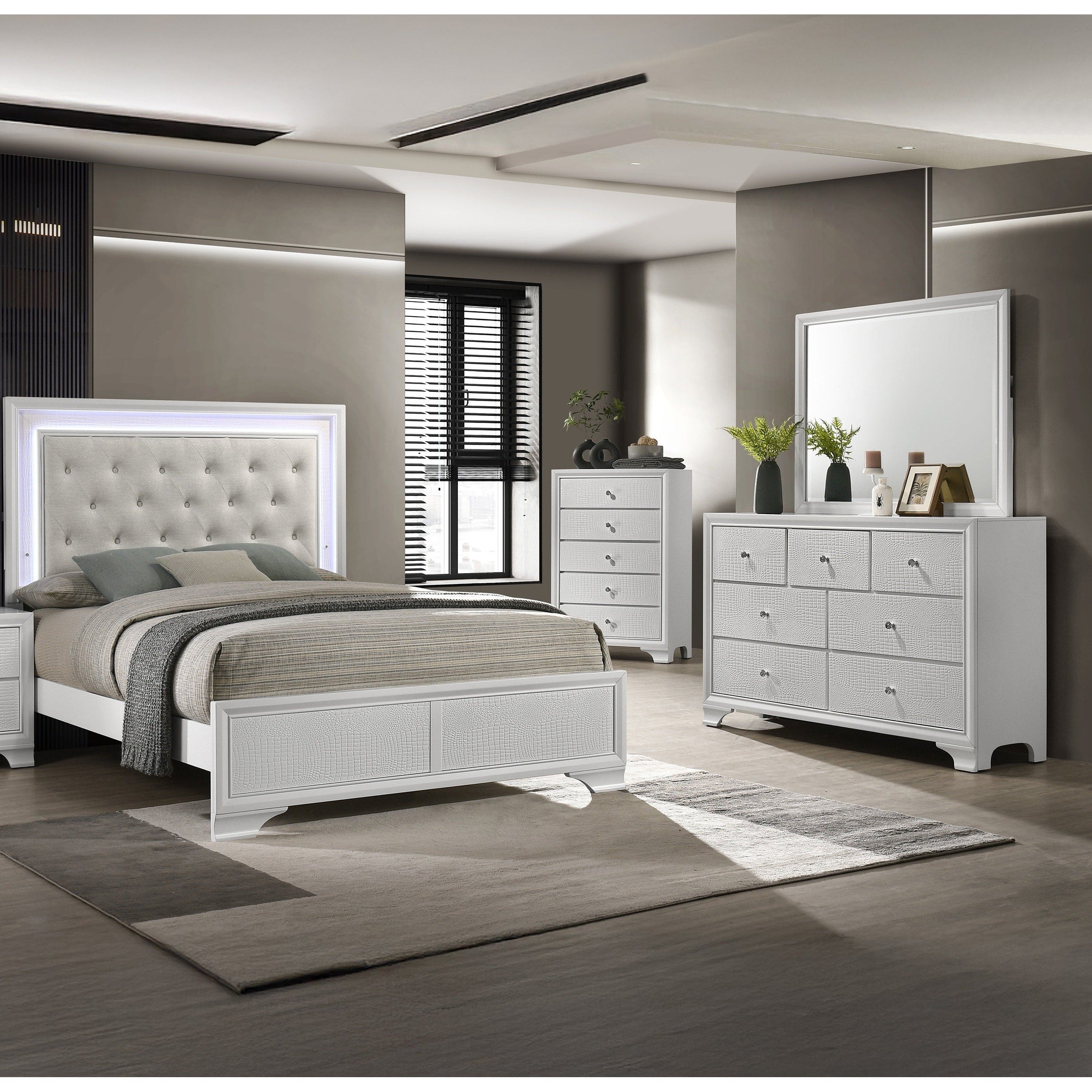 4Pc Modern Led Backlit Light Upholstered Tufted Headboard Panel Bed Dresser Mirror Chest Set Crisp White Finish