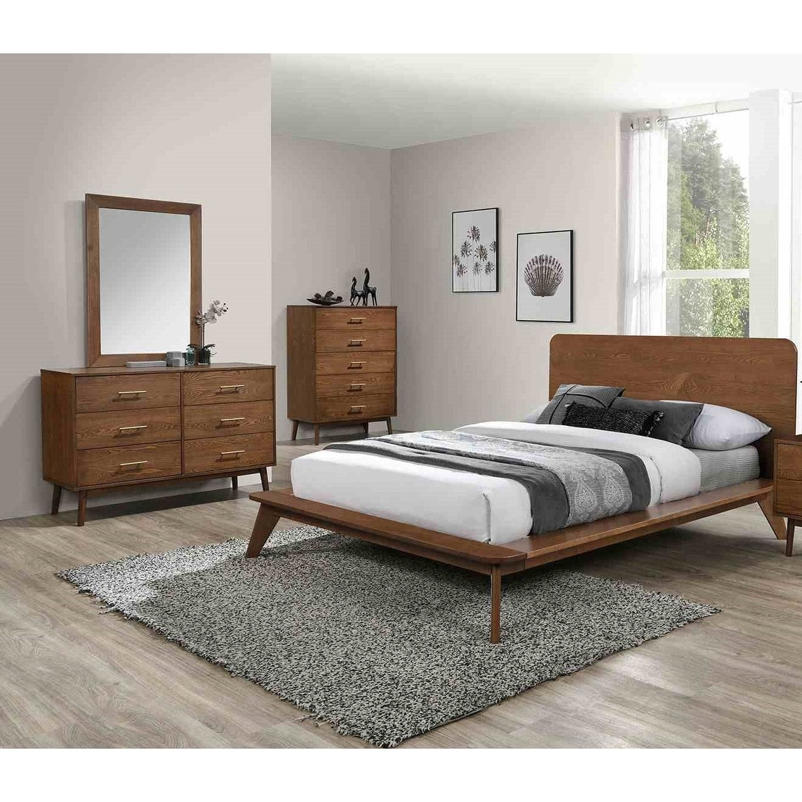 4Pc Walnut Finish Modern Platform Bed Dresser Mirror Chest Bedroom Set