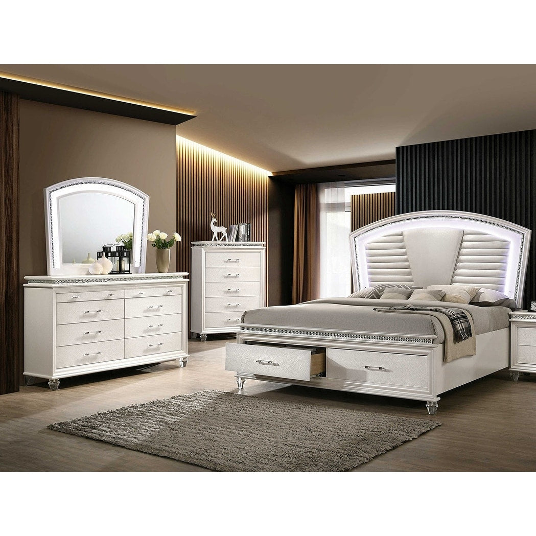 4Pc White Finish Glamorous Wooden Bedroom Furniture Set W Led Lighting