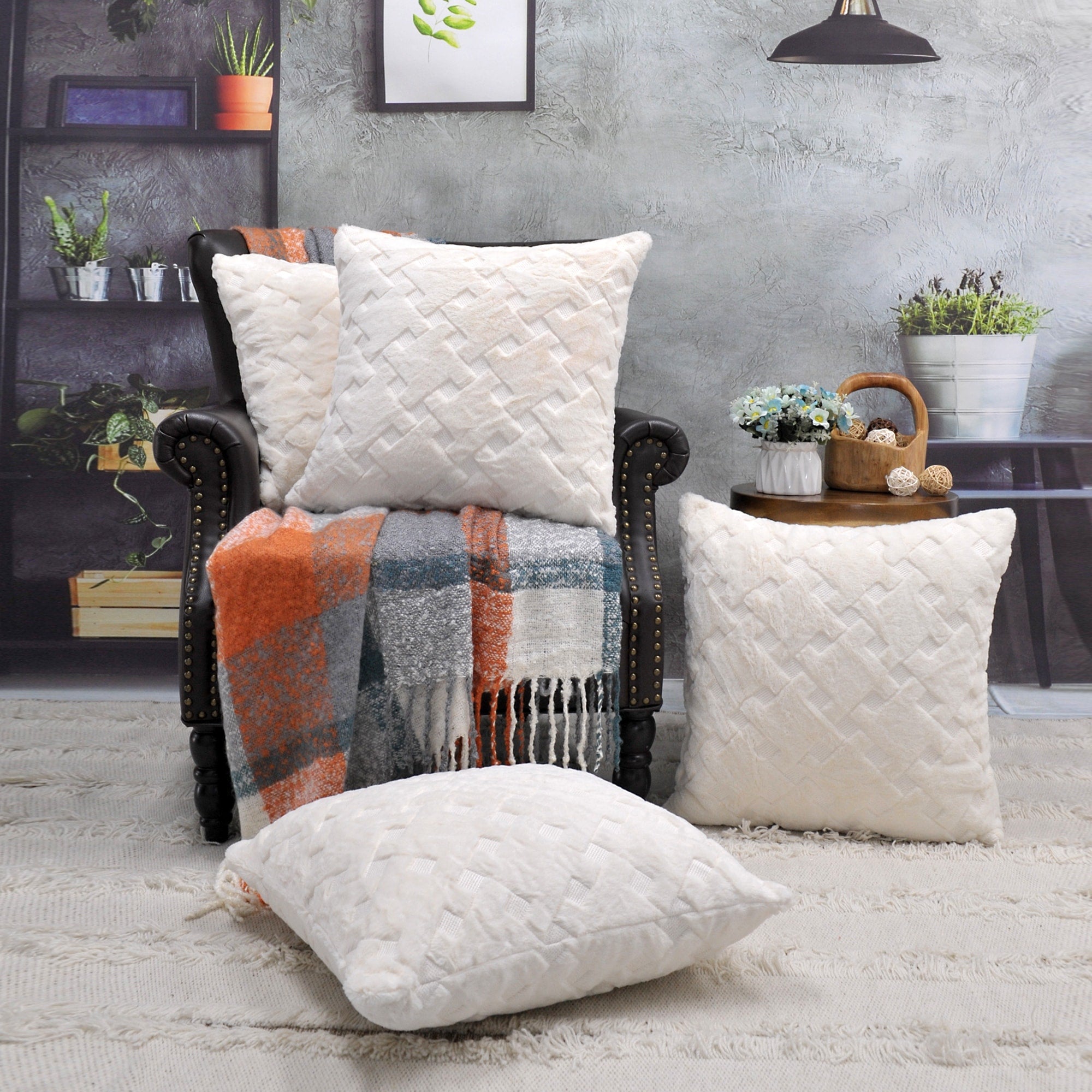 4Pcs Geometric Textured Fauxfur Throw Pillow Covers