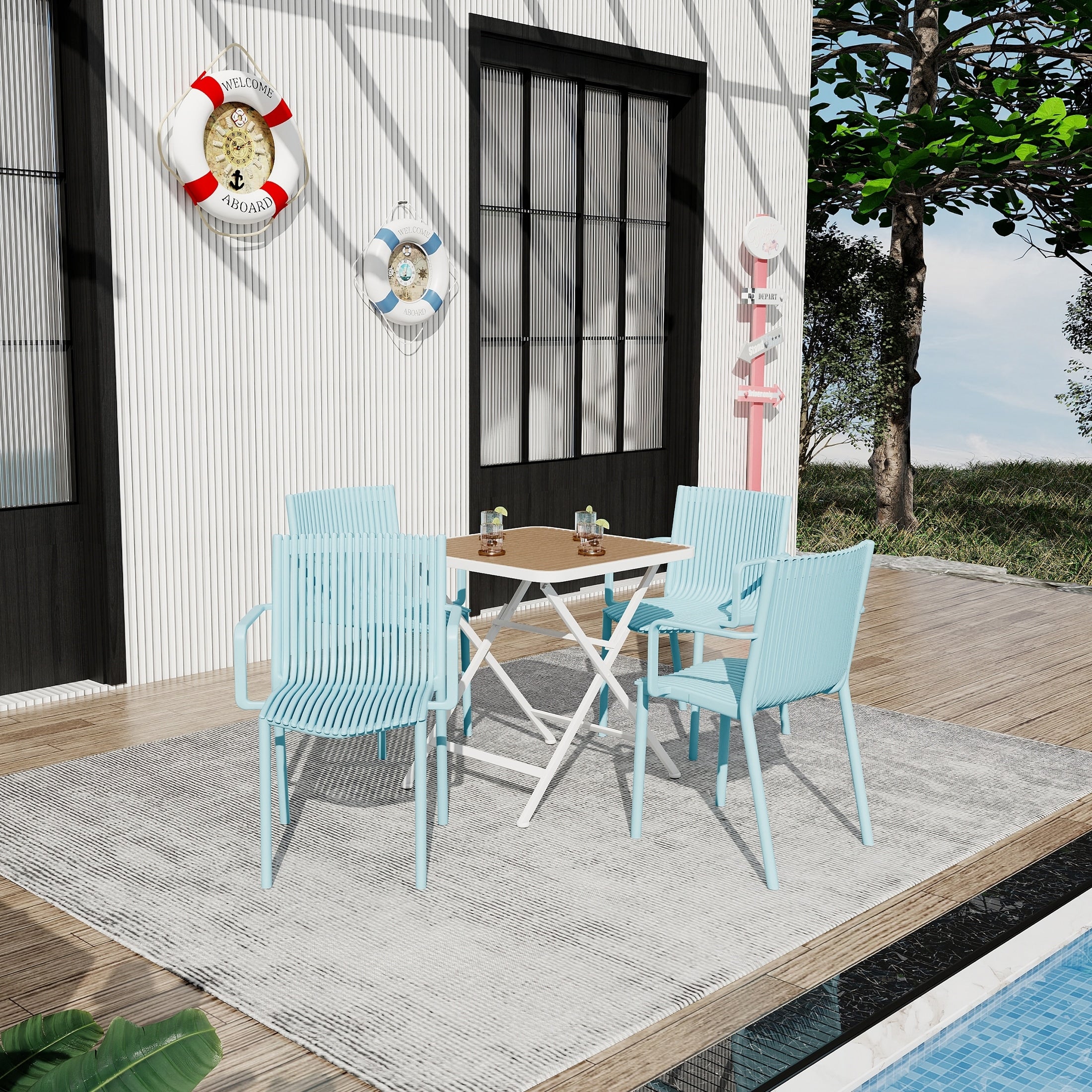 4Pcs Light Stackable Pp Armchair With Modern Folding Indoor Outdoor Multi Functional Square Table Metal Legs