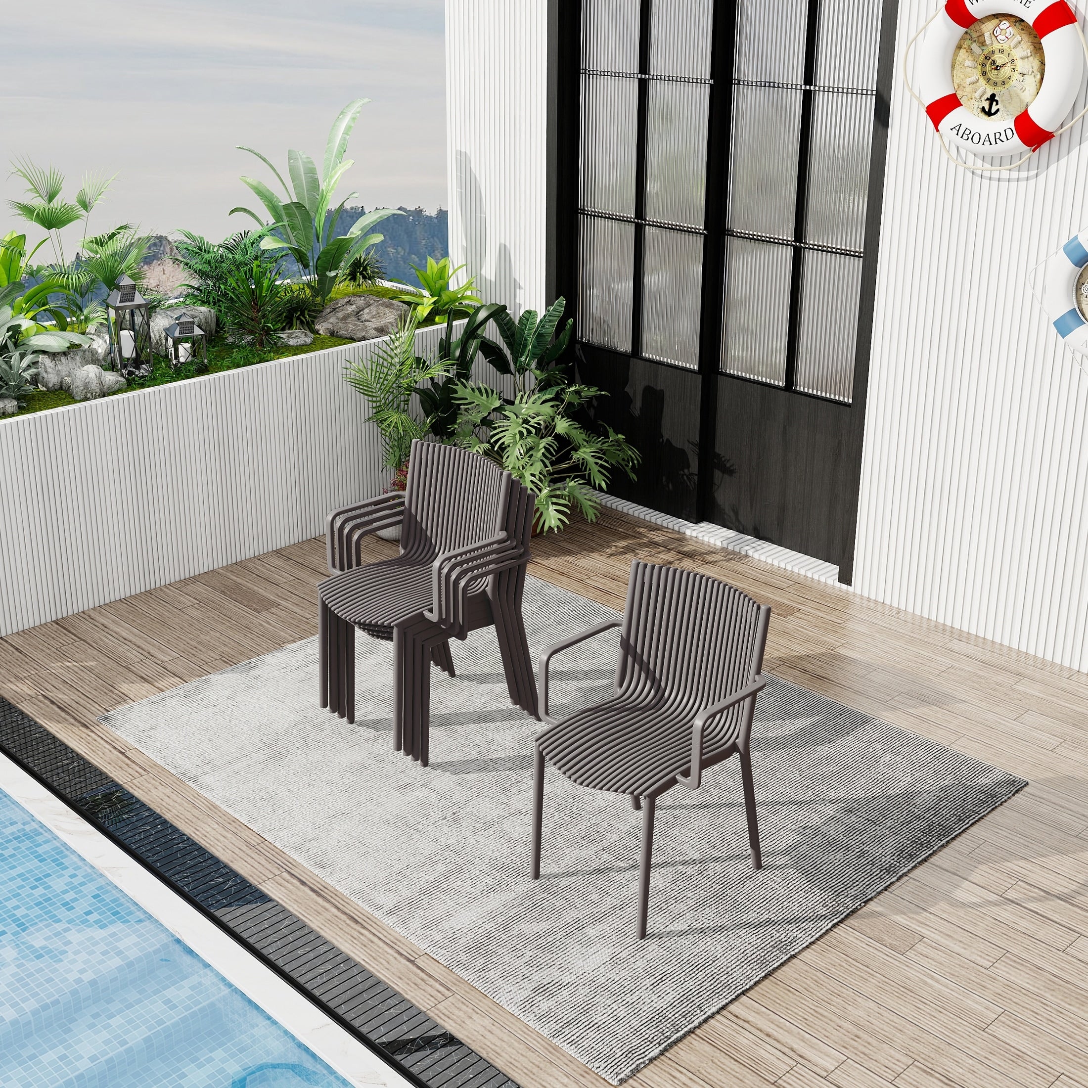 4Pcs Modern Stackable Plastic Armchair Use Ergonomic Slatted Back Design All Weather Pp Material Warm Patio Balcony Cafe
