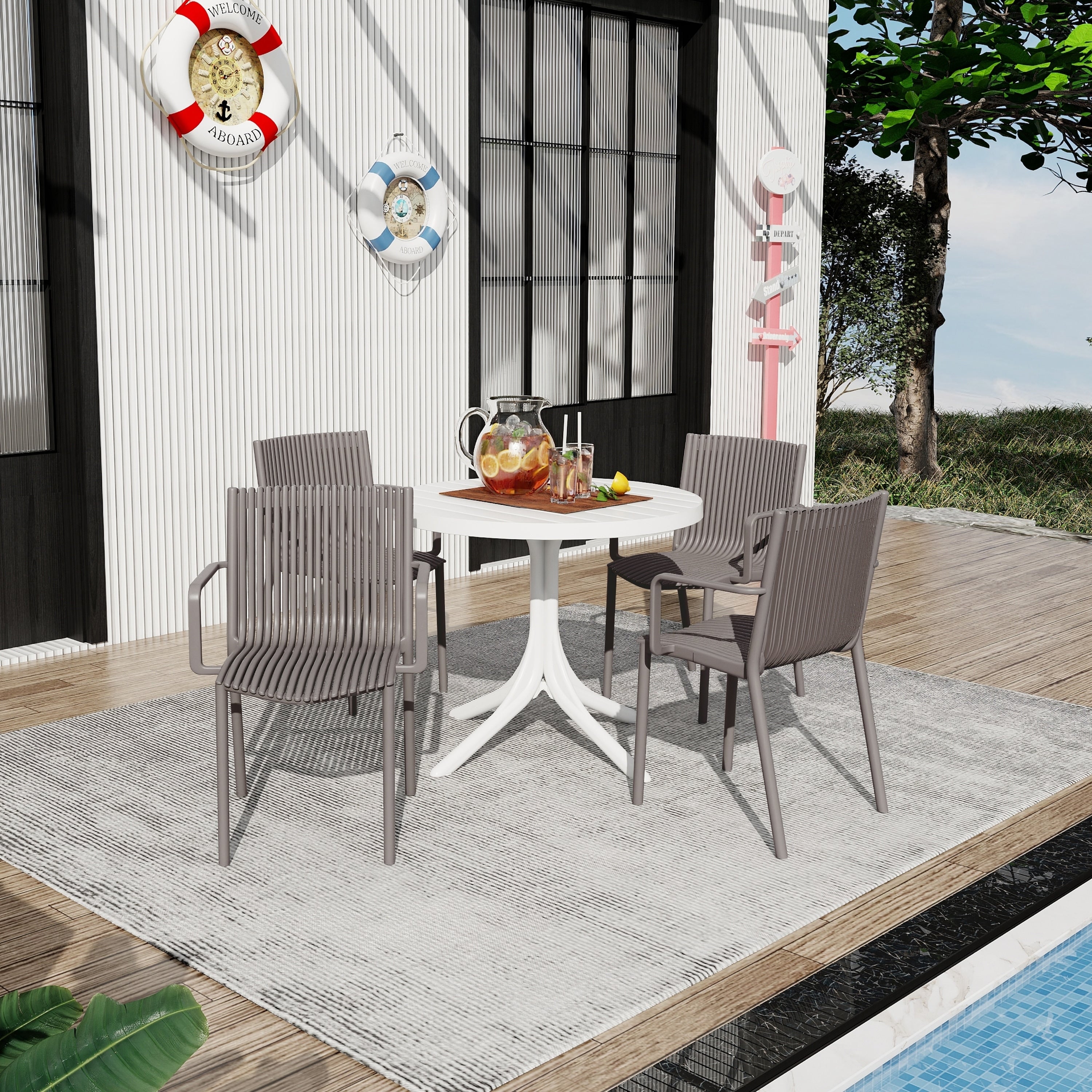 4Pcs Warm Stackable Pp Armchair Ergonomic Slatted Back With 36 Inch Indoor Outdoor Modern Round Pp Table