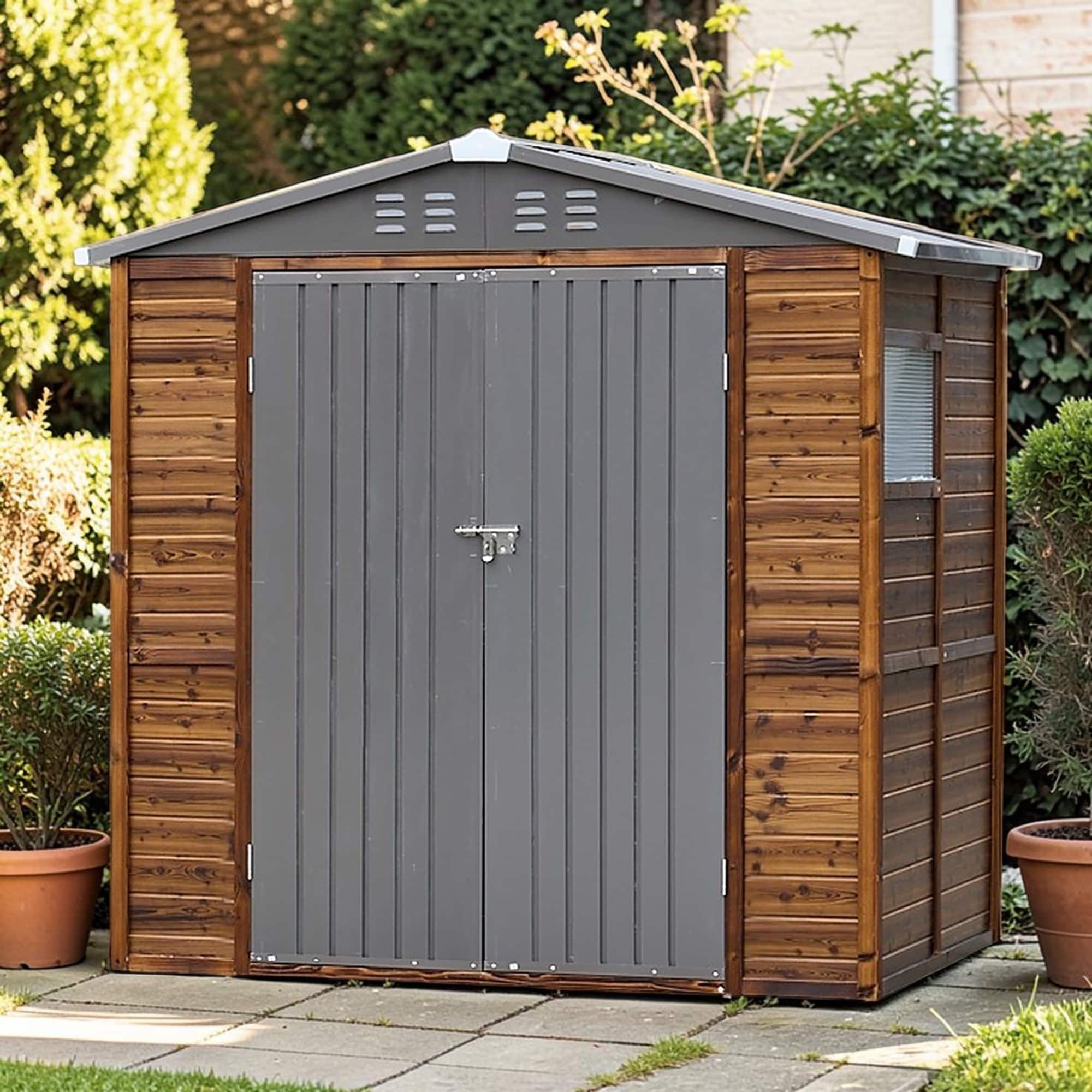 4X6 Ft Wood Storage Shed With Metal Roof Outdoor Garden Tool Shed With Double Doors Windows And Ventilation