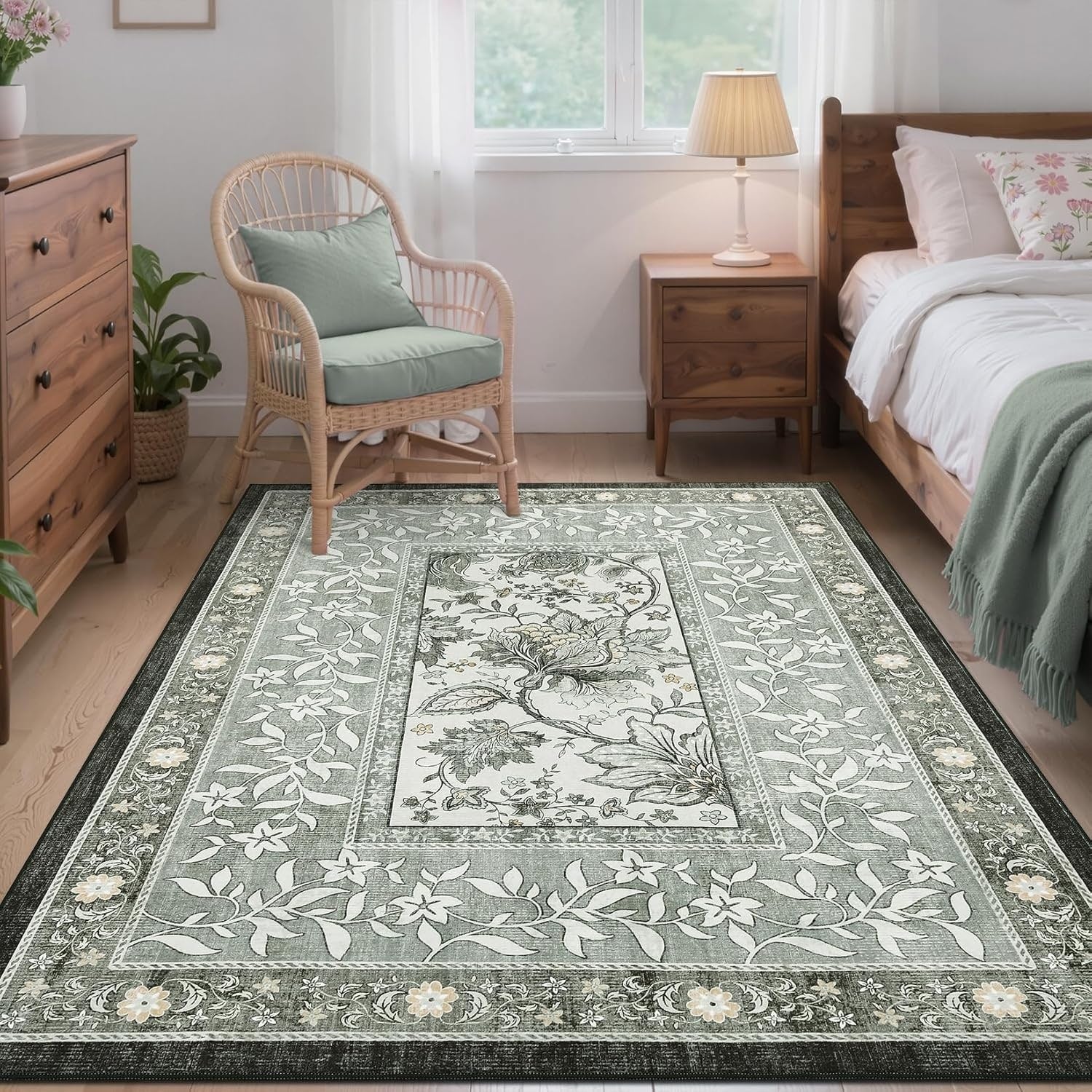4X6 Washable Vintage Floral Rug Soft Non Slip Stain Resistant For Bedroom Living Room Dining Room Office Grey