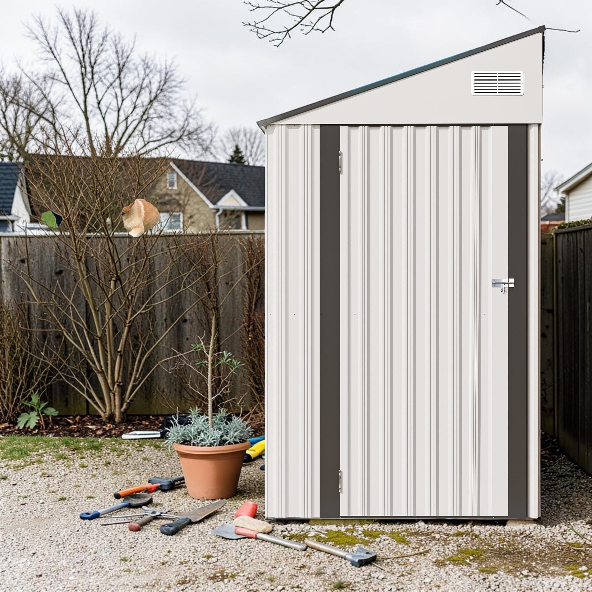 4X8 Ft Metal Storage Shed With Hinged Door Sloped Roof Vent Window Outdoor Garden Tool Shed