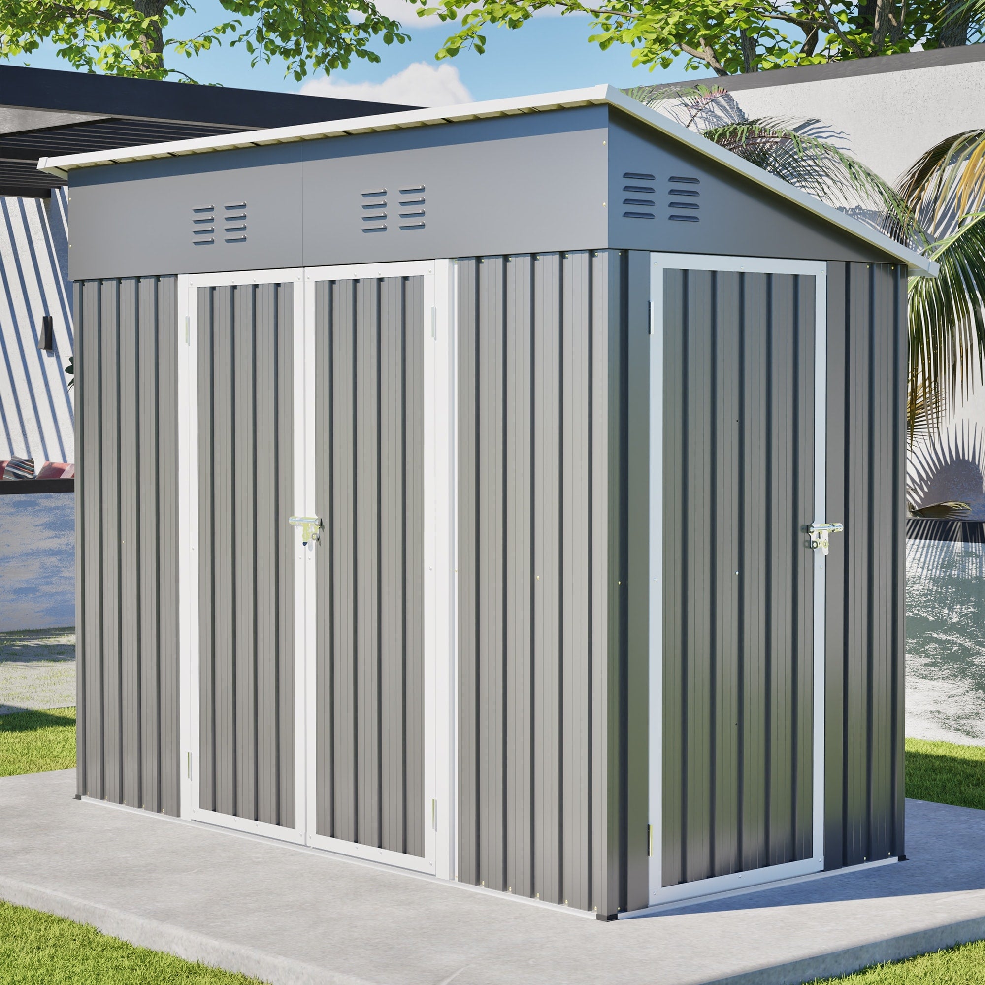 4X8 Ft Slope Roof Reinforced Storage Shed With Weatherproof Sloping Roof 4 Air Vents Heavy Duty Sturdy Metal Frame