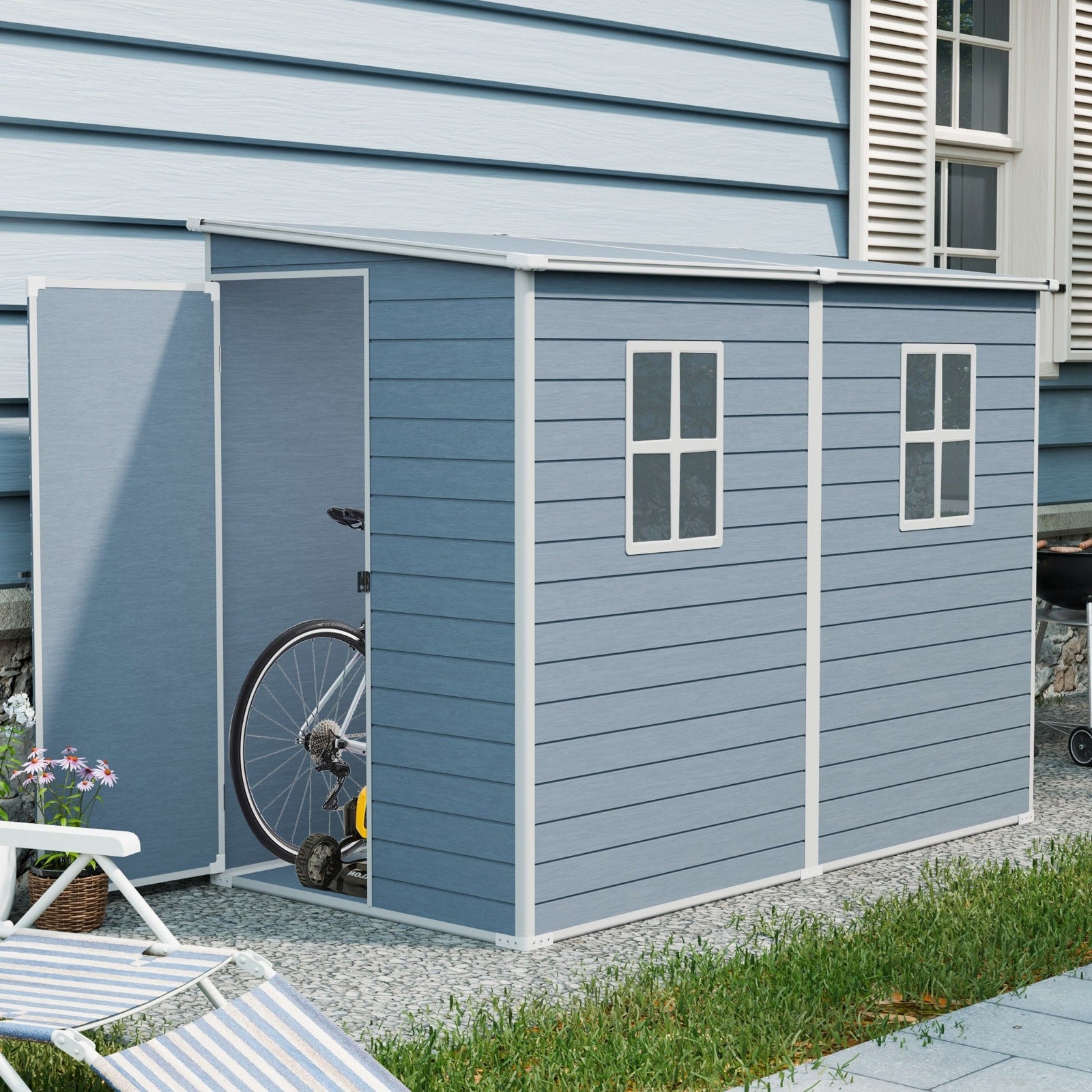4X8Ft Outdoor Storage Shed With Floor Resin Shed With Two Window Waterproof Lockable Doors For Patio Yard Lawn Gray