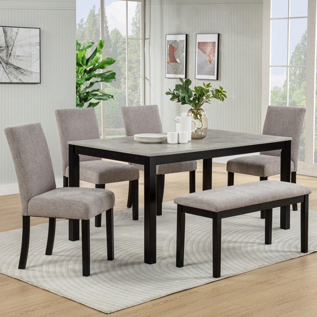 5 6 Piece Wooden Dining Table Set With Concrete Effect Melamine Tabletop