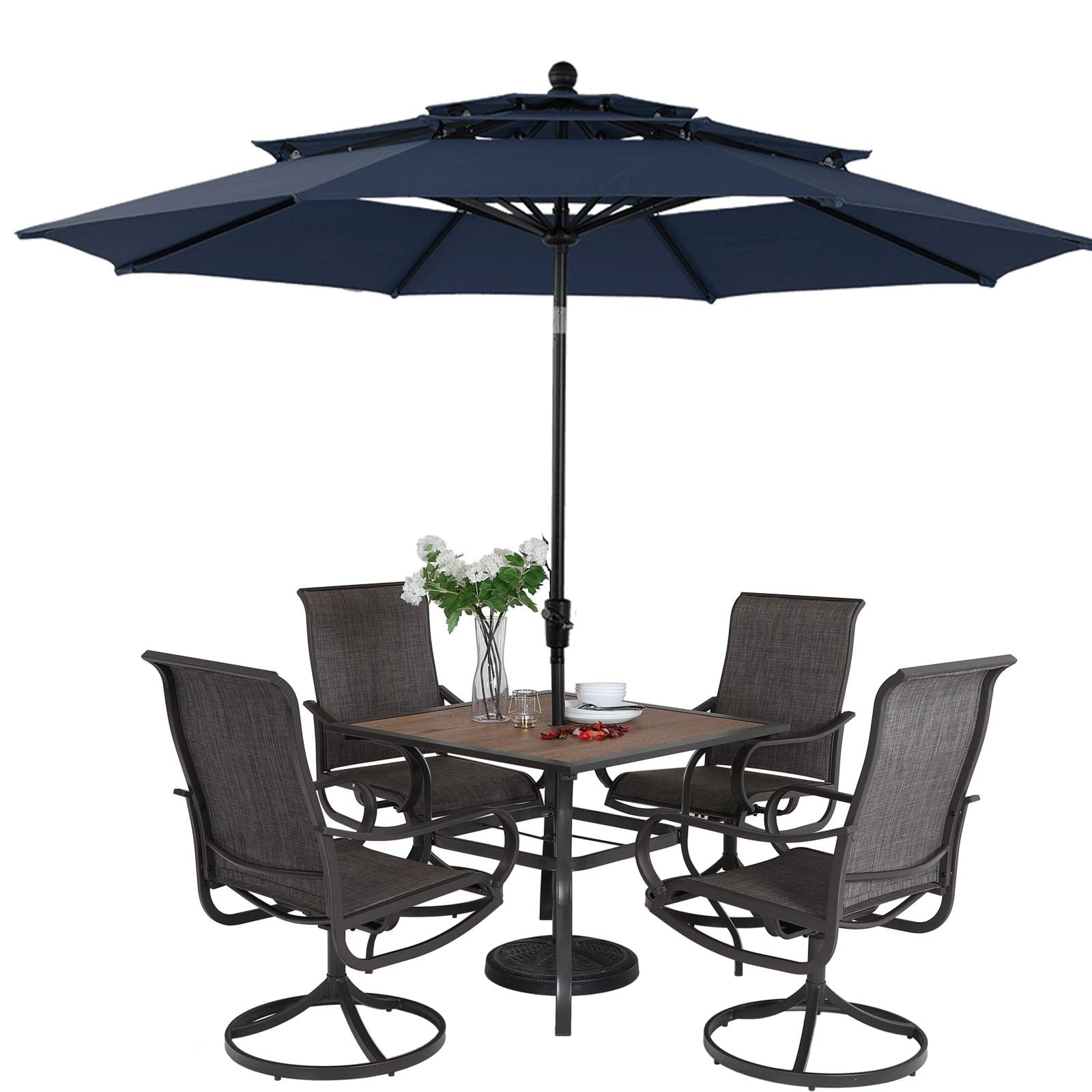 Mfstudio 5 Piece Steel Patio Dining Swivel Chairs And Square Table Set 37 Square Wood Like Table And 4 Dining Chairs