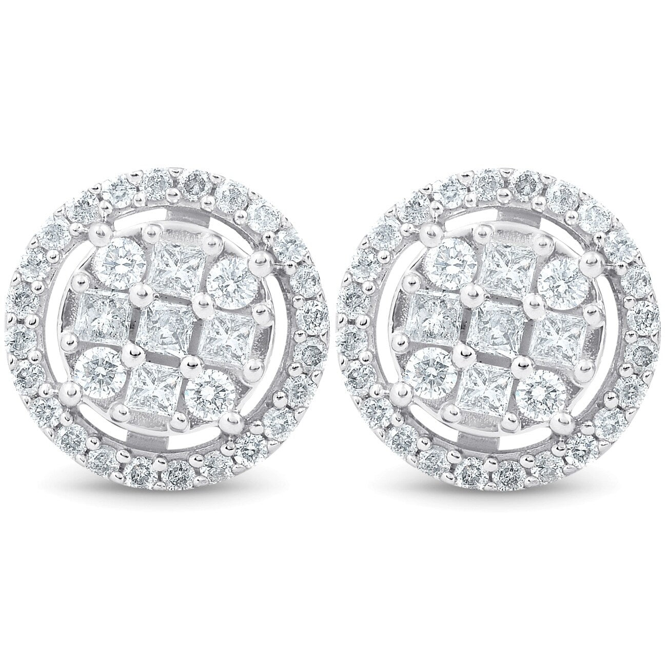 5 8 Cttw Princess Cut Diamond Halo Screw Back Studs 10K White Gold 9.5Mm