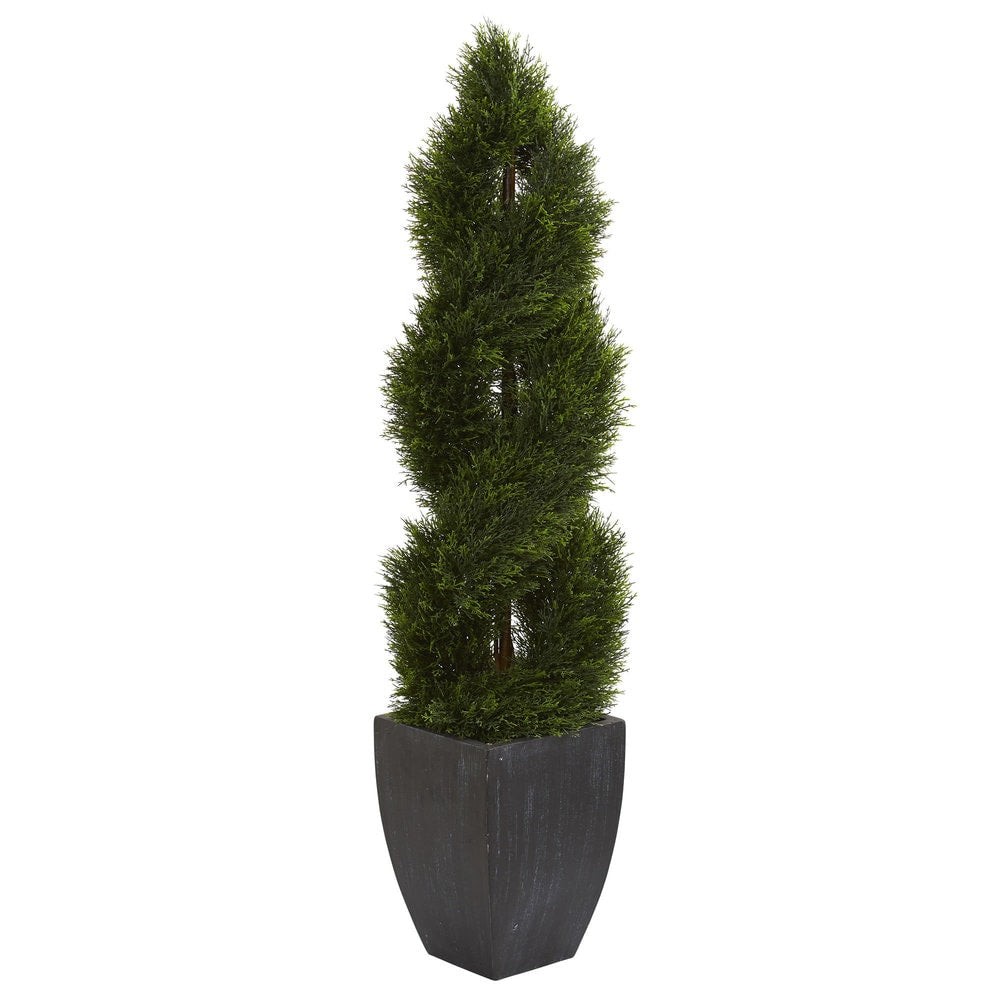 5 Double Pond Cypress Spiral Topiary Artificial Tree In Black Wash Planter Uv Resistant Indoor Outdoor
