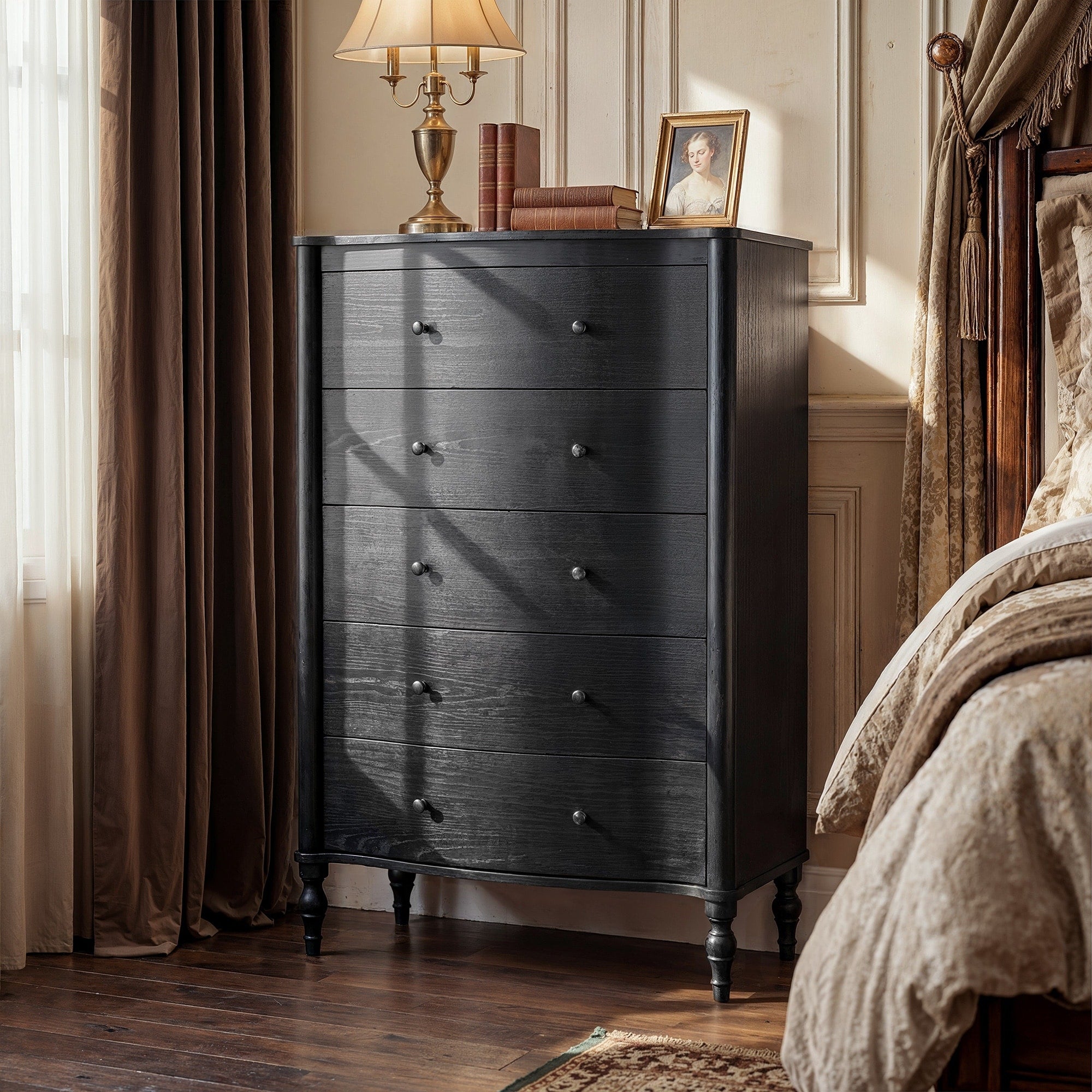 5 Drawer Chest Dresser For Bedroom Wooden Chest Of Drawers With Turned Solid Wood Legs Modern Storage Dresser 32.8 Wide