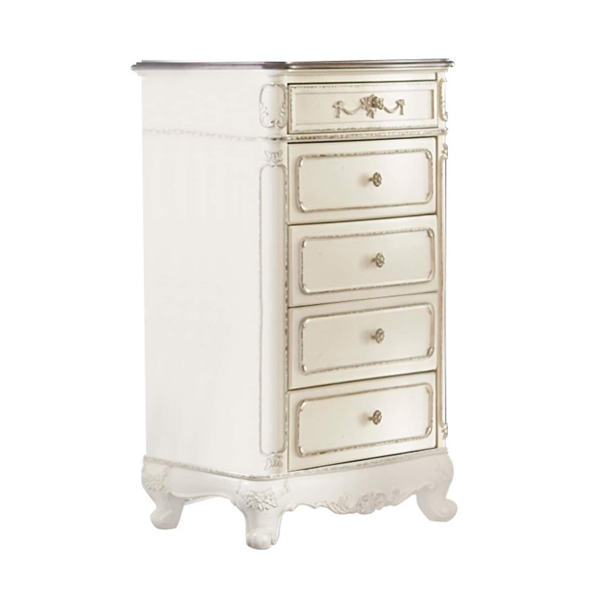 5 Drawer Chest With Floral Motif Carving Details Antique White And Brown