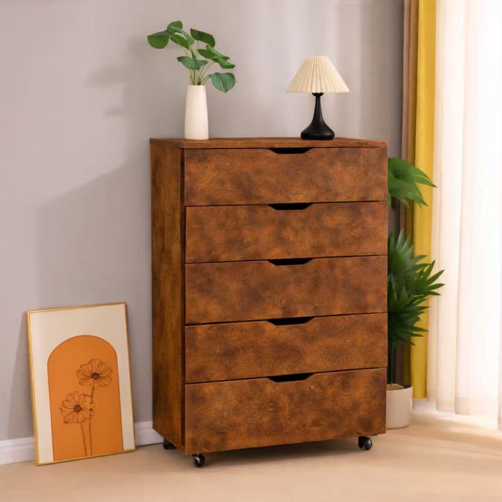 5 Drawer Dresser On Wheels Rustic Brown Rolling Chest Of Drawers Storage Cabinet For Bedroom Closet Wide Drawer Organizer