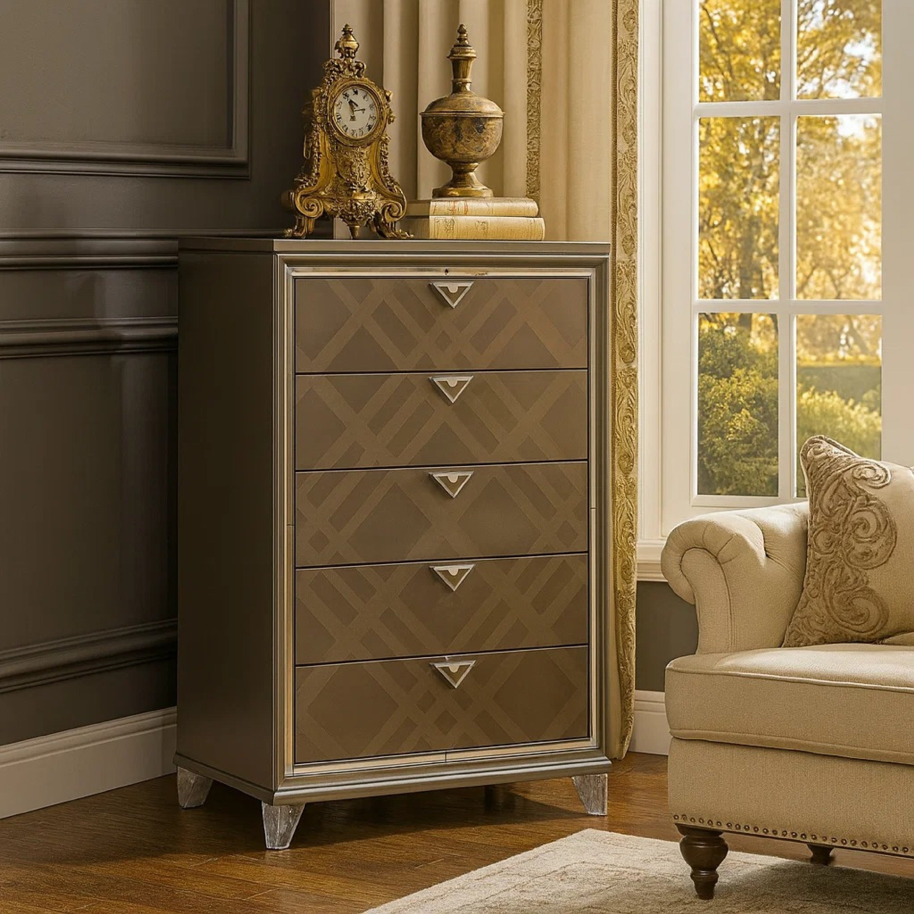 5 Drawer Wooden Chest With Acrylic Legs And Mirror Trim Taupe Brown