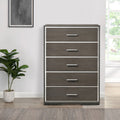 5 Drawer Wooden Chest With Mirror Trim Accents Gray