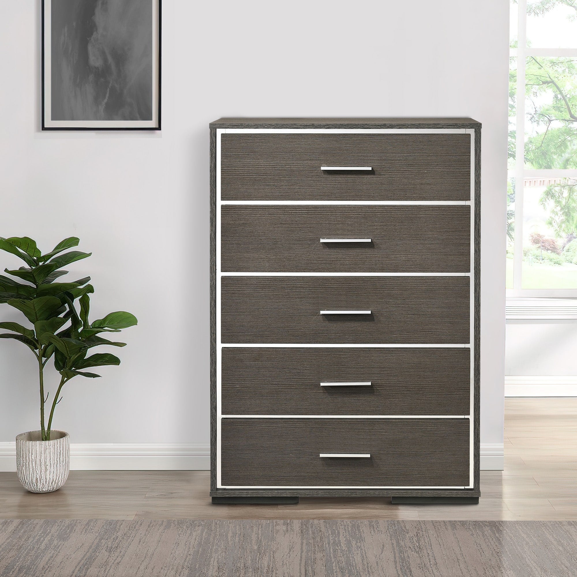 5 Drawer Wooden Chest With Mirror Trim Accents Gray