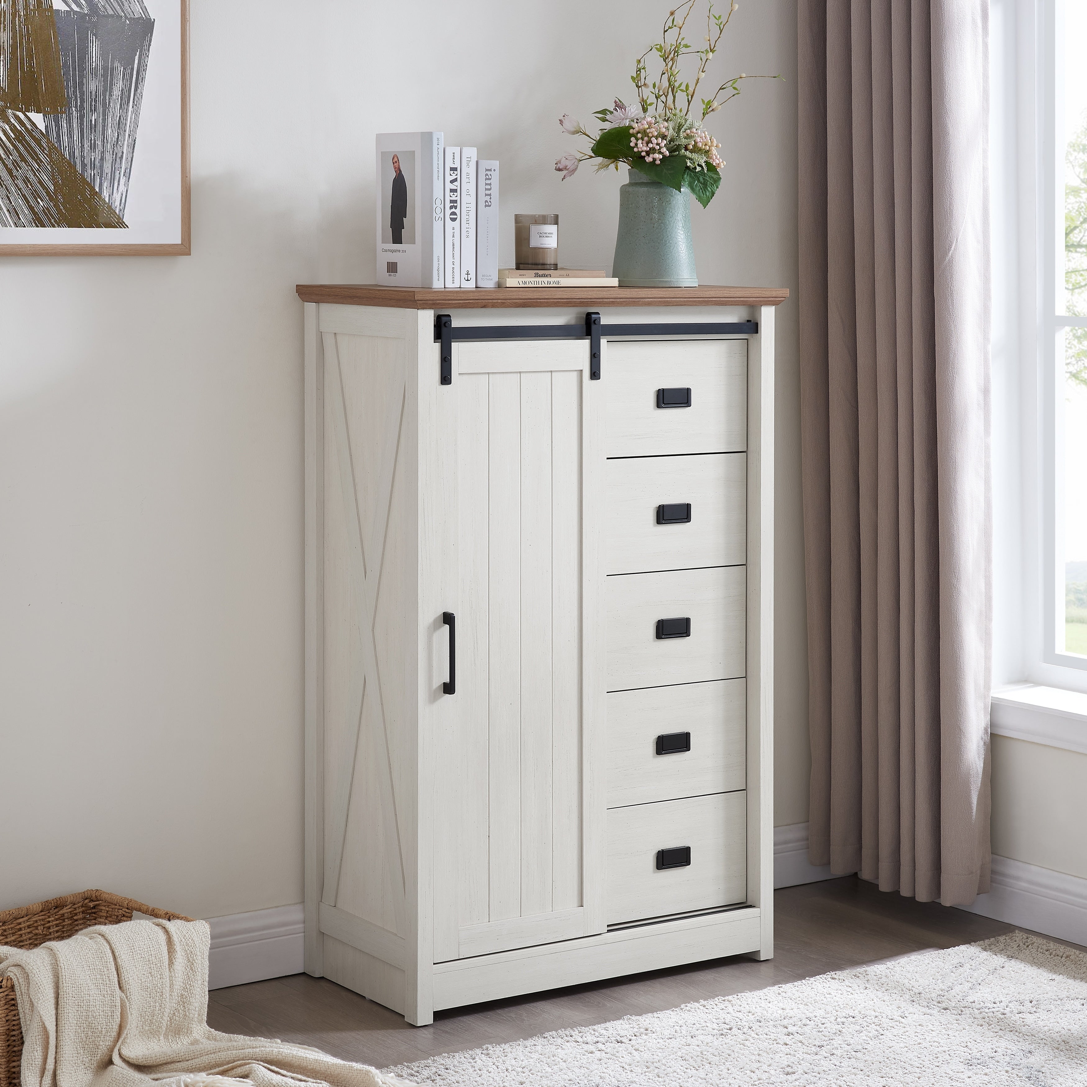 5 Drawers Dresser Storage Cabinet With Sliding Barn Door Chest Of Drawers Hallway Cabinet With Drawers