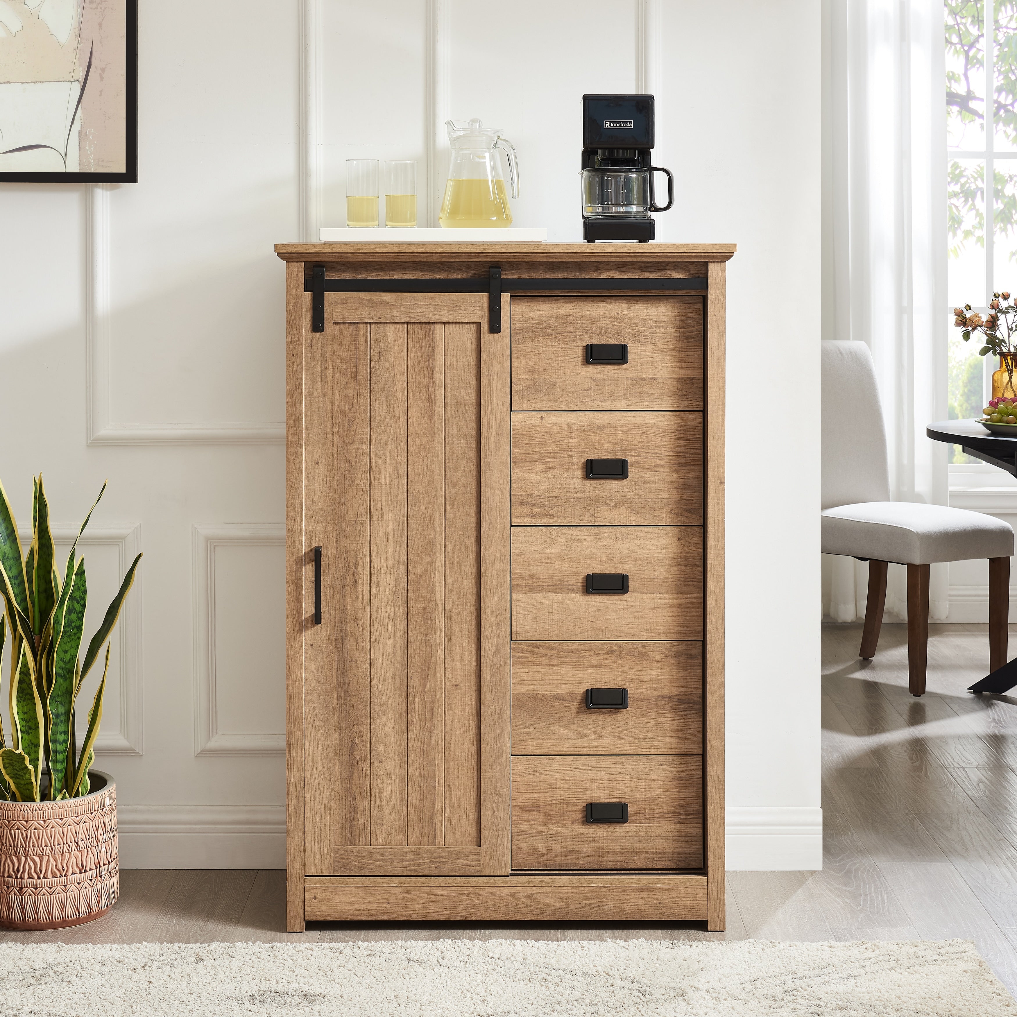 5 Drawers Dresser Storage Cabinet With Sliding Barn Door Oak Chest Of Drawers Hallway Cabinet With Drawers